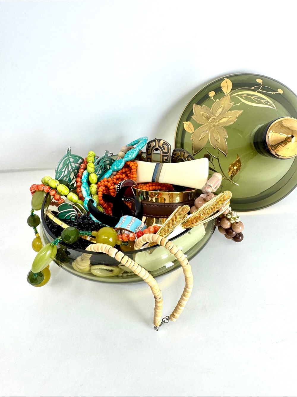 Vintage Green Glass Jewelry Box with Gold Design and Beaded Jewelry